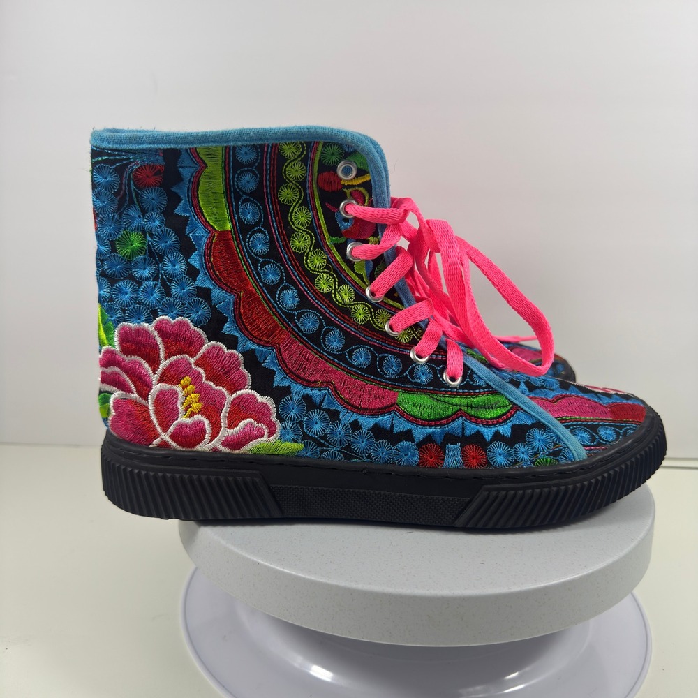 Women's Floral Embroidered High Top Boots Multicolor Lace Up Size 9.5 - Picture 7 of 13